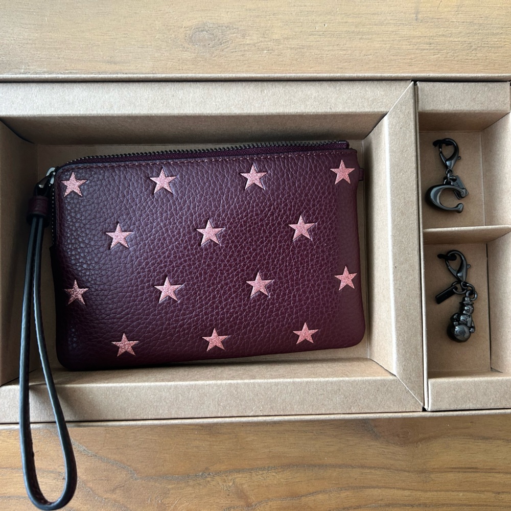 Coach Burgundy Wristlet with Light Pink Stars - Picture 6 of 8